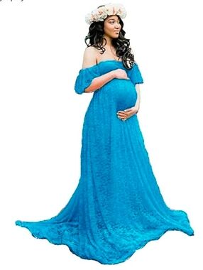 Off-Shoulder Maternity Lace Gown in Turquoise Blue For Pregnancy Shoot